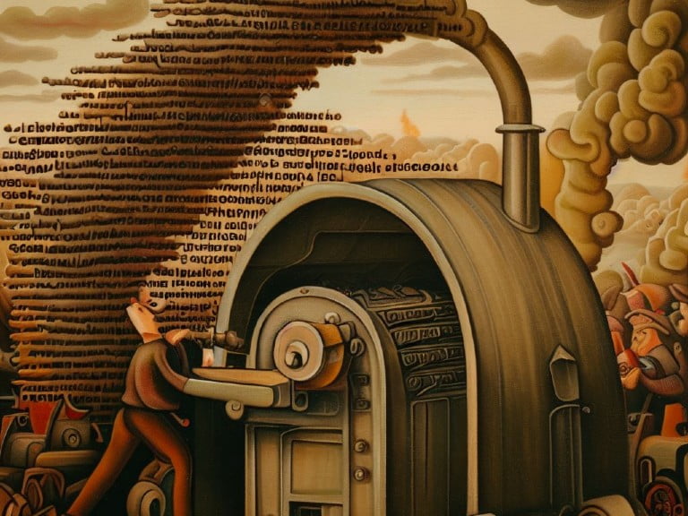 A surreal depiction of a machine churning out streams of text, manipulated by a figure, symbolizing the mechanisms and complexities of managing user consent in the digital age.