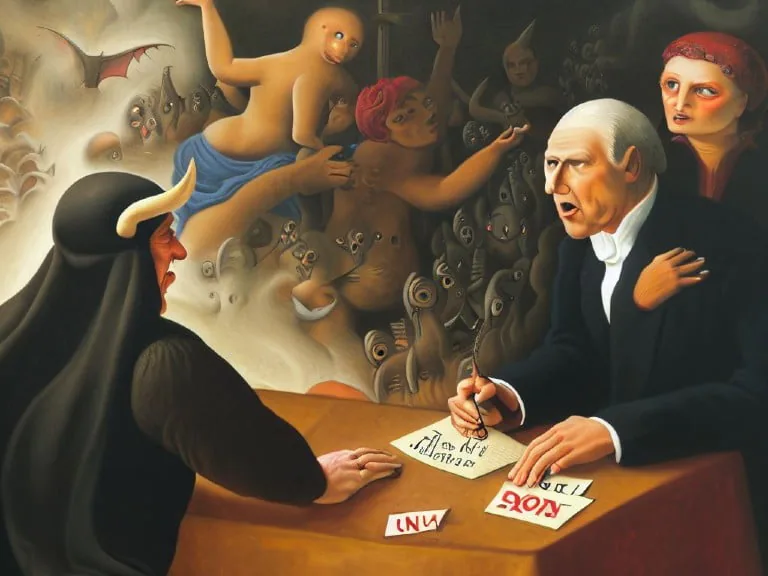 A dramatic scene depicting a devilish figure negotiating with a stern official, surrounded by pleading and chaotic figures, symbolizing the contentious dynamics and critical decisions tied to Google Consent Mode.