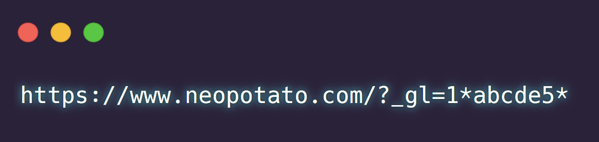 A URL example showing cross-domain tracking in Google Analytics 4. The URL, "https://www.neopotato.com/?_gl=1*abcde5*," includes a _gl parameter used to carry Google Analytics tracking information across domains, ensuring user activity is accurately linked between sessions.