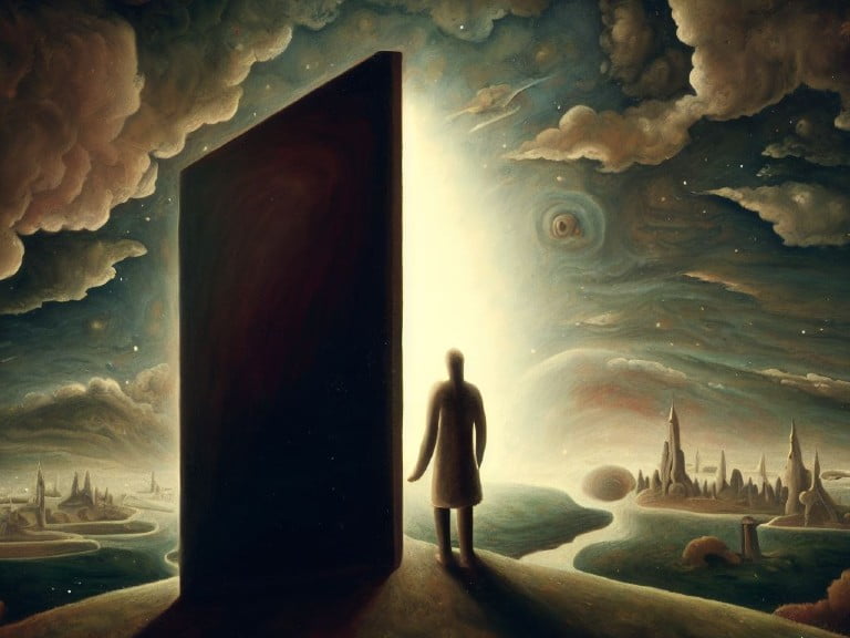 A lone figure stands before a towering, monolithic door emitting radiant light, set against a dreamlike landscape of swirling clouds and distant, surreal cities. The scene evokes mystery and exploration.