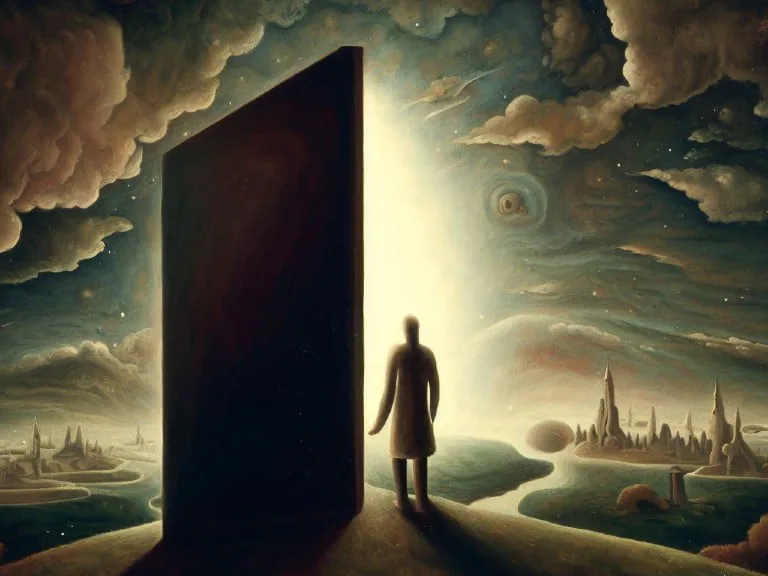 A lone figure stands before a towering, monolithic door emitting radiant light, set against a dreamlike landscape of swirling clouds and distant, surreal cities. The scene evokes mystery and exploration.