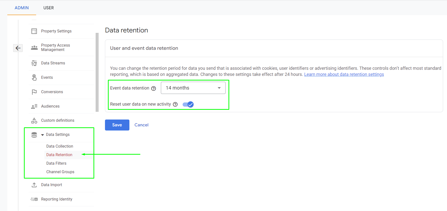 A screenshot of the "Data Retention" settings interface in Google Analytics 4, showing the options to adjust event data retention periods (e.g., 14 months) and enable the resetting of user data on new activity. The green annotations highlight the key configurable options within the Data Settings menu.
