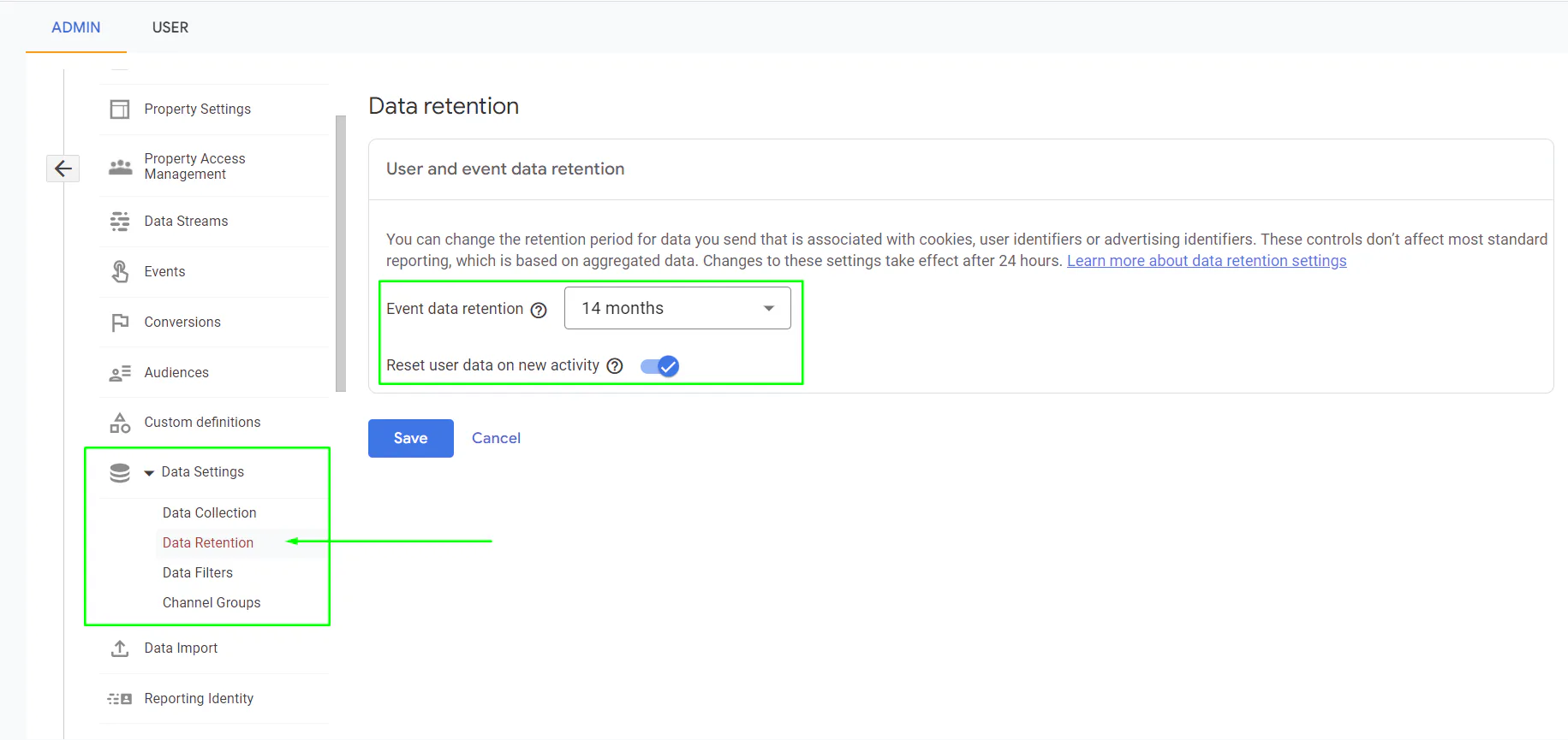 A screenshot of the "Data Retention" settings interface in Google Analytics 4, showing the options to adjust event data retention periods (e.g., 14 months) and enable the resetting of user data on new activity. The green annotations highlight the key configurable options within the Data Settings menu.