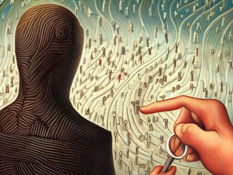 A surreal composition featuring a textured humanoid figure observing a crowd, with a large hand selecting an individual, symbolizing the precision and complexity of browser fingerprinting.