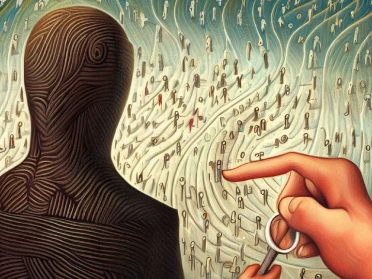 A surreal composition featuring a textured humanoid figure observing a crowd, with a large hand selecting an individual, symbolizing the precision and complexity of browser fingerprinting.