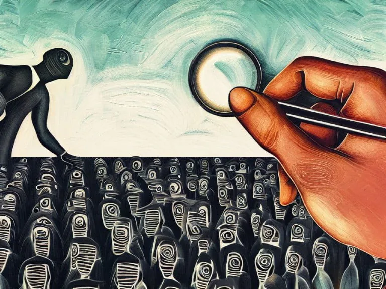 An abstract depiction of a hand holding a magnifying glass over a crowd of humanoid figures with unique patterns, symbolizing the individuality tracked by browser fingerprinting.