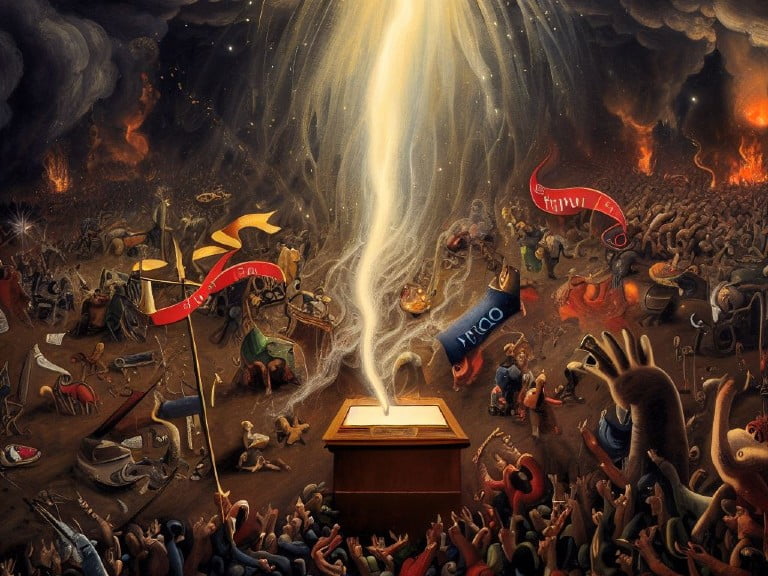 A radiant beam of light descends onto an ornate box amidst a chaotic battlefield of symbols and figures, representing the power and complexity of Google Consent Mode in harmonizing analytics and advertising amidst regulatory challenges.