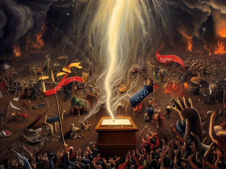 A radiant beam of light descends onto an ornate box amidst a chaotic battlefield of symbols and figures, representing the power and complexity of Google Consent Mode in harmonizing analytics and advertising amidst regulatory challenges.