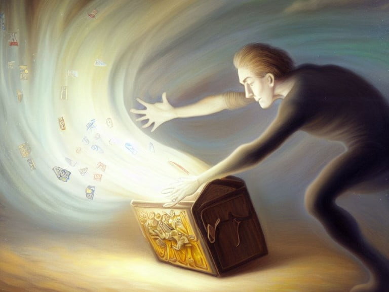 A figure struggles to control a powerful burst of data symbols streaming out of an intricately designed box. The glowing energy symbolizes the challenge and complexity of managing and mastering data retention policies in Google Analytics 4.