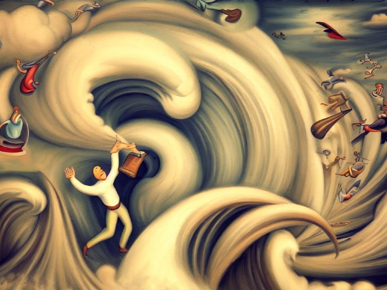 A chaotic storm of swirling waves and scattered objects engulfs a figure trying to stay afloat, clutching a small suitcase. The image symbolizes the turbulence of unorganized task management, emphasizing the need for clarity and structure provided by MoSCoW prioritization techniques.