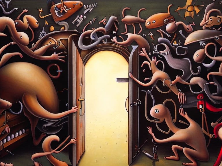 A surreal scene of strange, chaotic creatures surrounding a glowing doorway, symbolizing the added layer of security two-factor authentication provides against digital threats.