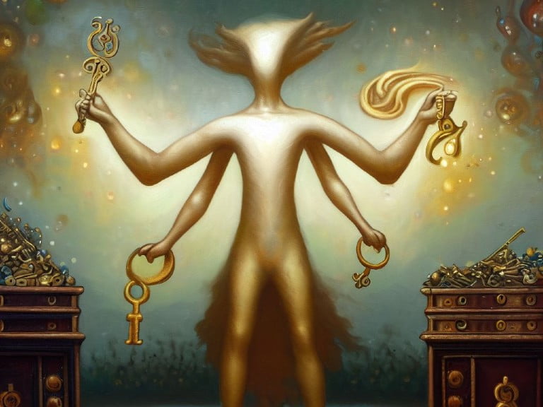 A luminous figure with multiple arms, each holding a distinct key, representing the multifaceted security of two-factor authentication.