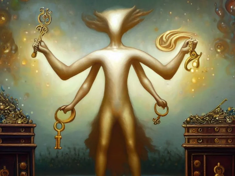 A luminous figure with multiple arms, each holding a distinct key, representing the multifaceted security of two-factor authentication.