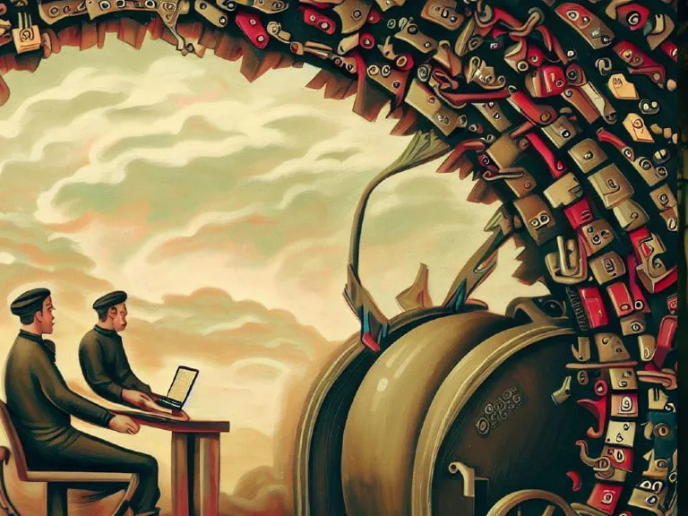 A surreal depiction of two individuals working on laptops beneath an arch made of locks and keys, symbolizing the transition from traditional authentication methods to a passwordless future.
