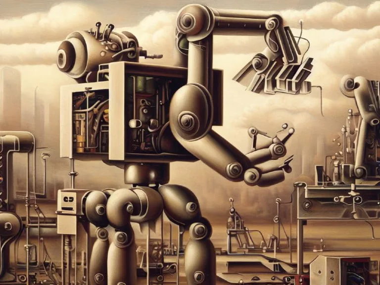 A towering robot with intricate mechanical arms stands amidst a futuristic industrial landscape, symbolizing advanced security automation.