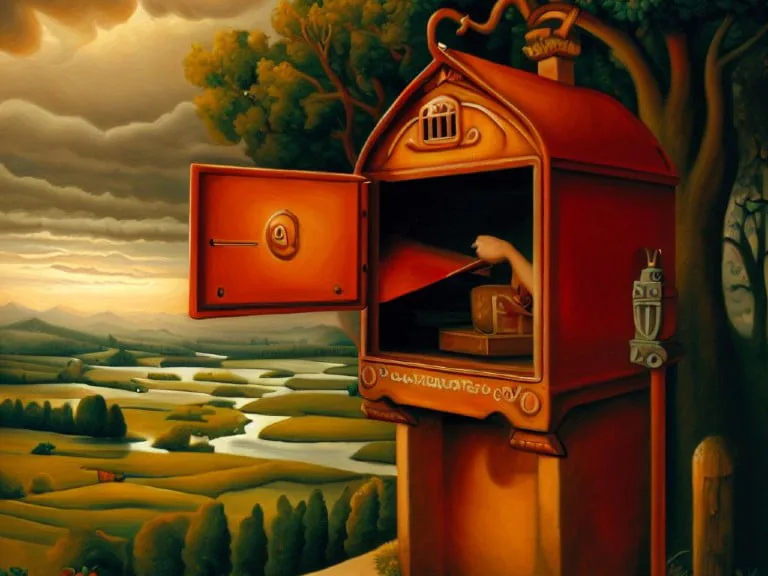 A serene landscape featuring a large, red mailbox with an open door, revealing a hand retrieving a letter, symbolizing secure access and communication.