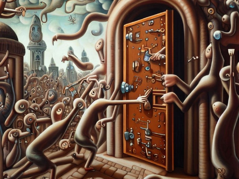 A surreal illustration featuring humanoid figures with elongated limbs reaching toward a heavily secured door covered in numerous locks, keys, and handles. The chaotic background depicts an abstract cityscape with clock-like structures, symbolizing the complexity and urgency of digital protection.