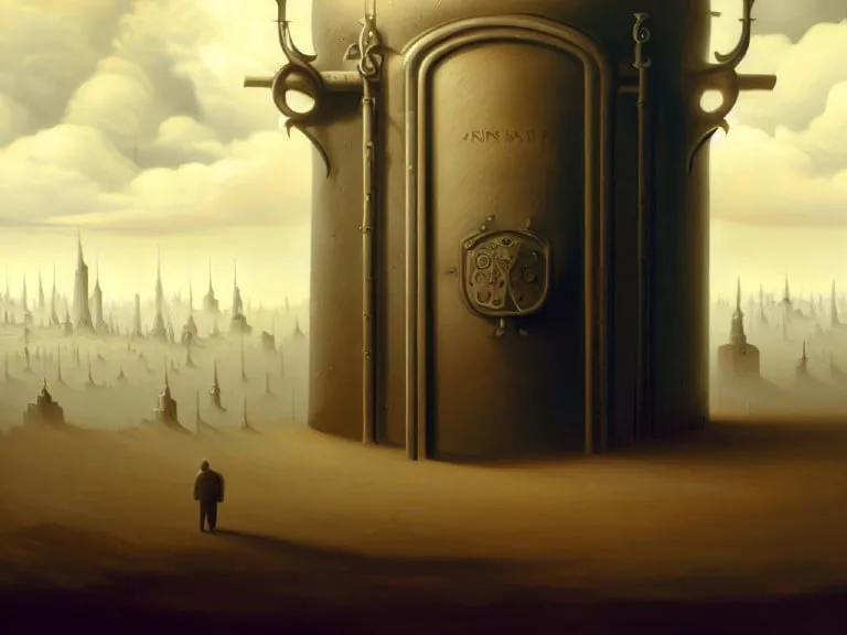 A towering vault-like structure set against a misty cityscape, symbolizing the robust security of a password manager.
