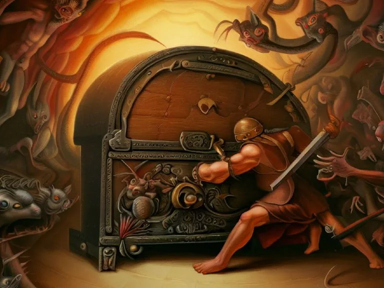A warrior defends a treasure chest against demonic creatures, symbolizing the vigilance of a password manager.