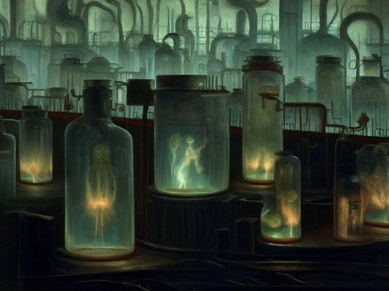 A dimly lit industrial lab filled with glowing jars containing ethereal human-like figures, representing stolen digital identities.