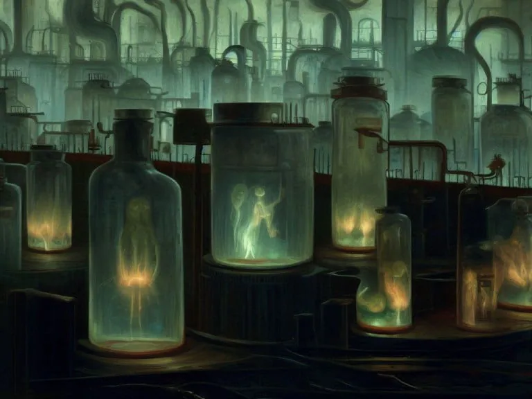 A dimly lit industrial lab filled with glowing jars containing ethereal human-like figures, representing stolen digital identities.