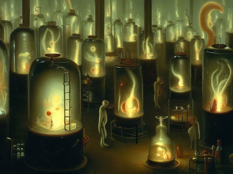A sprawling lab filled with glowing jars and shadowy figures observing, symbolizing the manipulation of stolen digital identities.