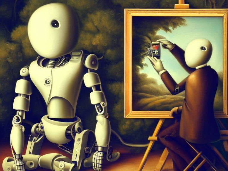 A faceless artist paints a robotic subject, blending reality and art, symbolizing the crafting of digital facades in identity theft.
