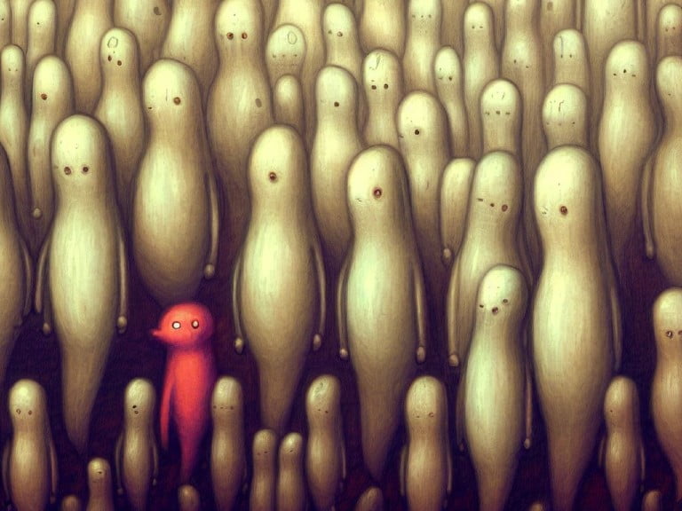 A gathering of pale, translucent figures with subtle features fills the scene, representing uniform data points. Among them, a single bright red figure with glowing eyes draws attention, symbolizing the mysterious "unassigned" traffic in Google Analytics 4, highlighting its unique and unexplained presence in data analysis.