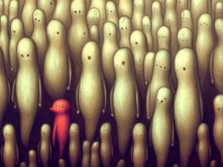 A gathering of pale, translucent figures with subtle features fills the scene, representing uniform data points. Among them, a single bright red figure with glowing eyes draws attention, symbolizing the mysterious "unassigned" traffic in Google Analytics 4, highlighting its unique and unexplained presence in data analysis.