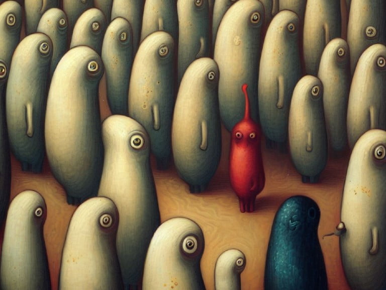 A crowd of smooth, oblong figures with single cyclopean eyes stands uniformly, representing a collective data set. Among them, a single vibrant red figure with distinct features stands out, symbolizing the enigmatic nature of "unassigned" traffic in Google Analytics 4 and the effort to identify its source.