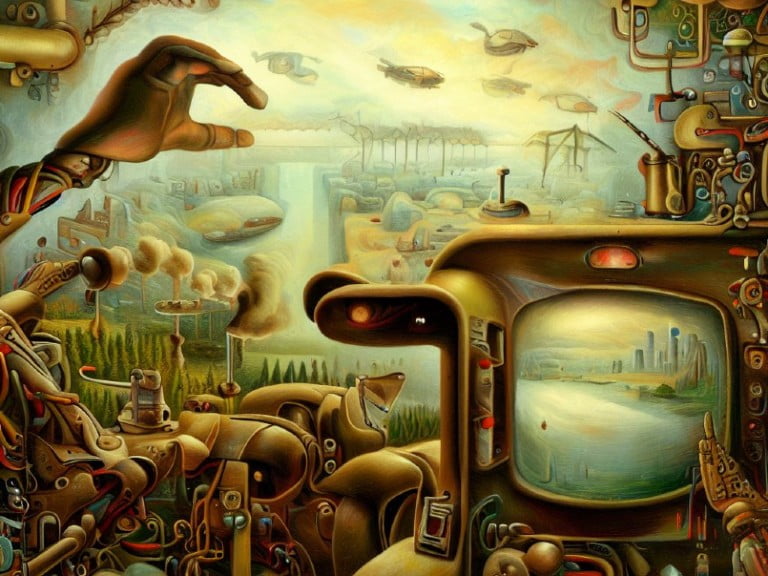 A surreal illustration of a mechanical landscape blending industrial elements, surveillance tools, and a serene cityscape viewed through a lens, symbolizing the contrast between privacy and technological intrusion.