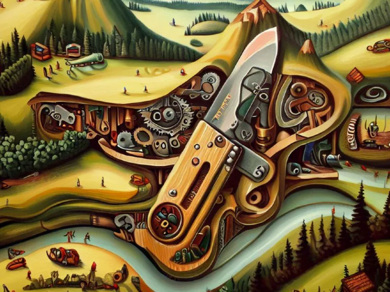 An intricate Swiss Army knife embedded in a vivid, surreal landscape symbolizes the versatile and essential role of Google Consent Mode, cutting through complex analytics and ad challenge.