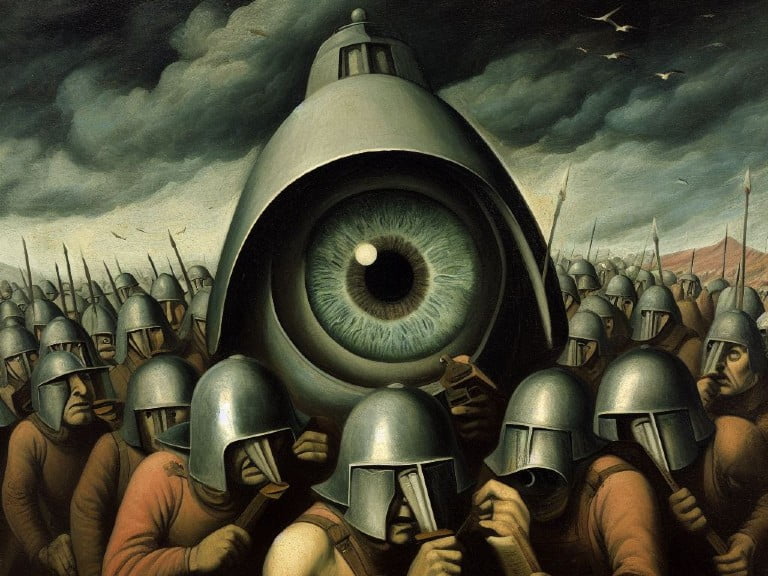 A surreal depiction of a giant, all-seeing eye encased in a metallic helmet, symbolizing oversight and surveillance. The eye is surrounded by an army of armored figures, representing the collective enforcement of privacy laws and the tightening grip of regulations. The ominous sky and unified soldiers convey the growing focus on privacy compliance and the challenges faced by marketers in adapting to Australia's revamped privacy laws.