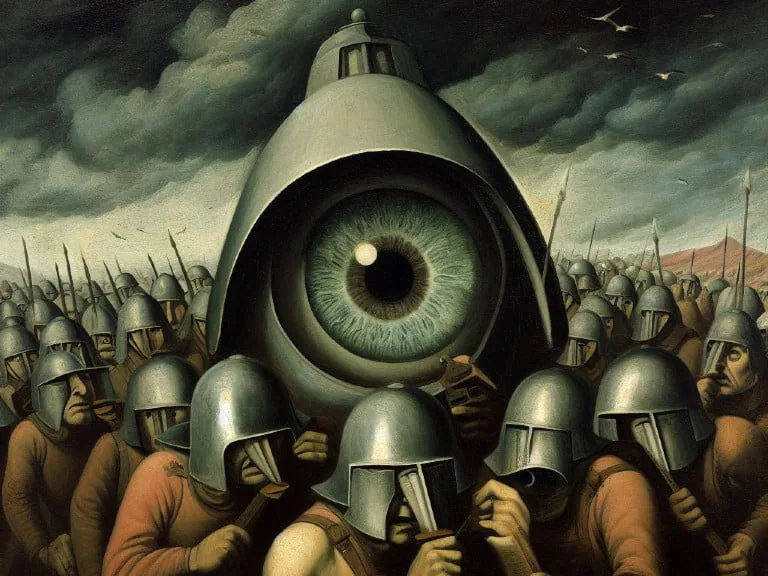 A surreal depiction of a giant, all-seeing eye encased in a metallic helmet, symbolizing oversight and surveillance. The eye is surrounded by an army of armored figures, representing the collective enforcement of privacy laws and the tightening grip of regulations. The ominous sky and unified soldiers convey the growing focus on privacy compliance and the challenges faced by marketers in adapting to Australia's revamped privacy laws.