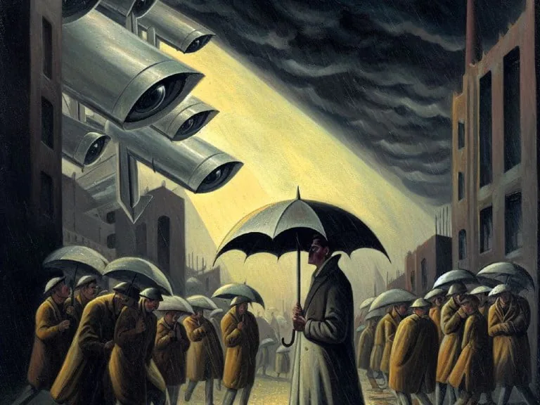 A striking artwork of a lone individual holding a black-and-white umbrella, illuminated by a beam of light under a dark, ominous sky. Surrounding them, countless people clutch umbrellas as towering surveillance cameras with watchful eyes loom above. The imagery symbolizes the heightened scrutiny and pervasive monitoring brought by modern privacy laws, highlighting the challenges faced by individuals and organizations in navigating Australia's evolving privacy landscape.