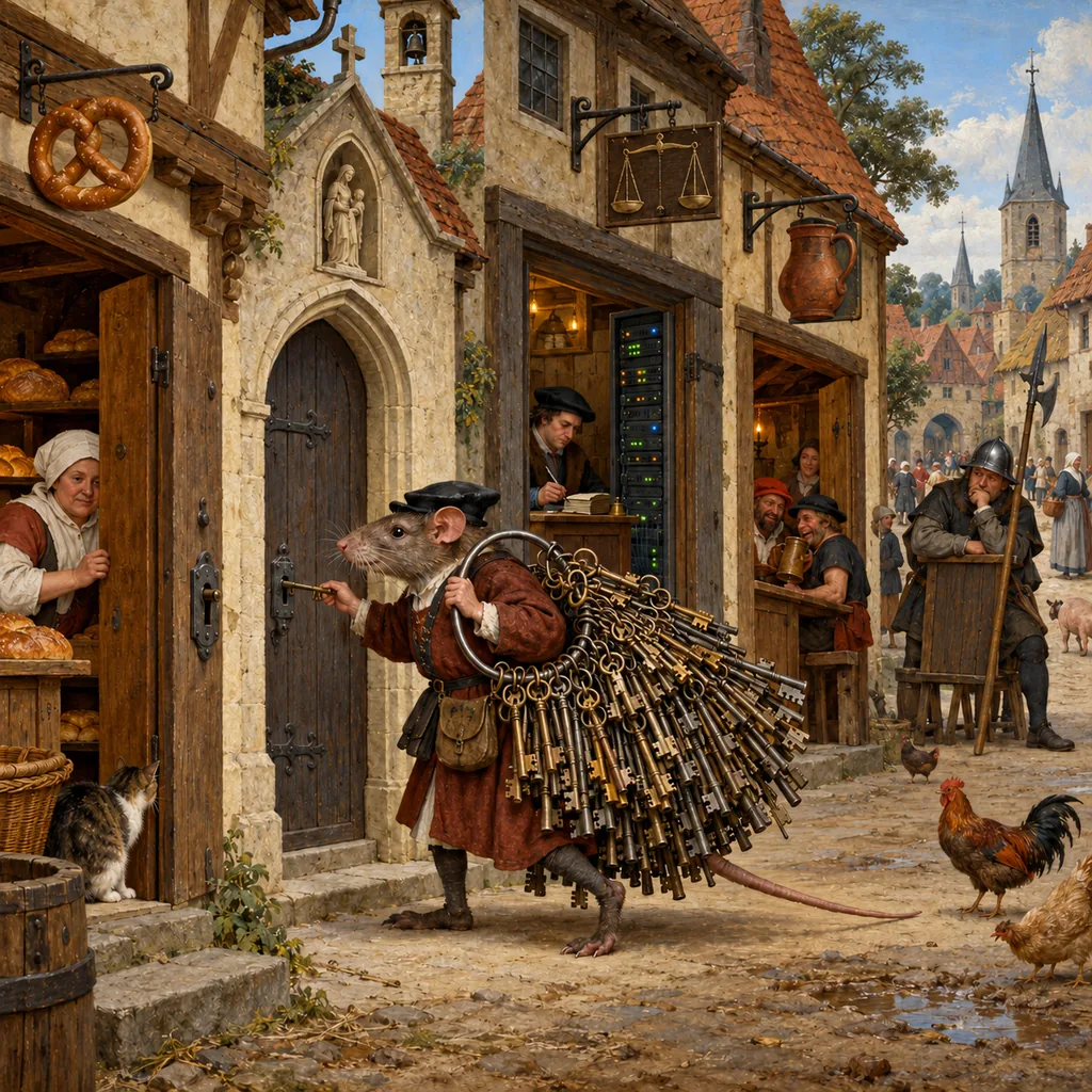 A Bosch-style street of many doors where a small rat-clerk with a huge ring of identical keys tries one key in each door, and some doors swing open, while a bored watchman counts failed tries at a single door and a server rack stands in a doorway.