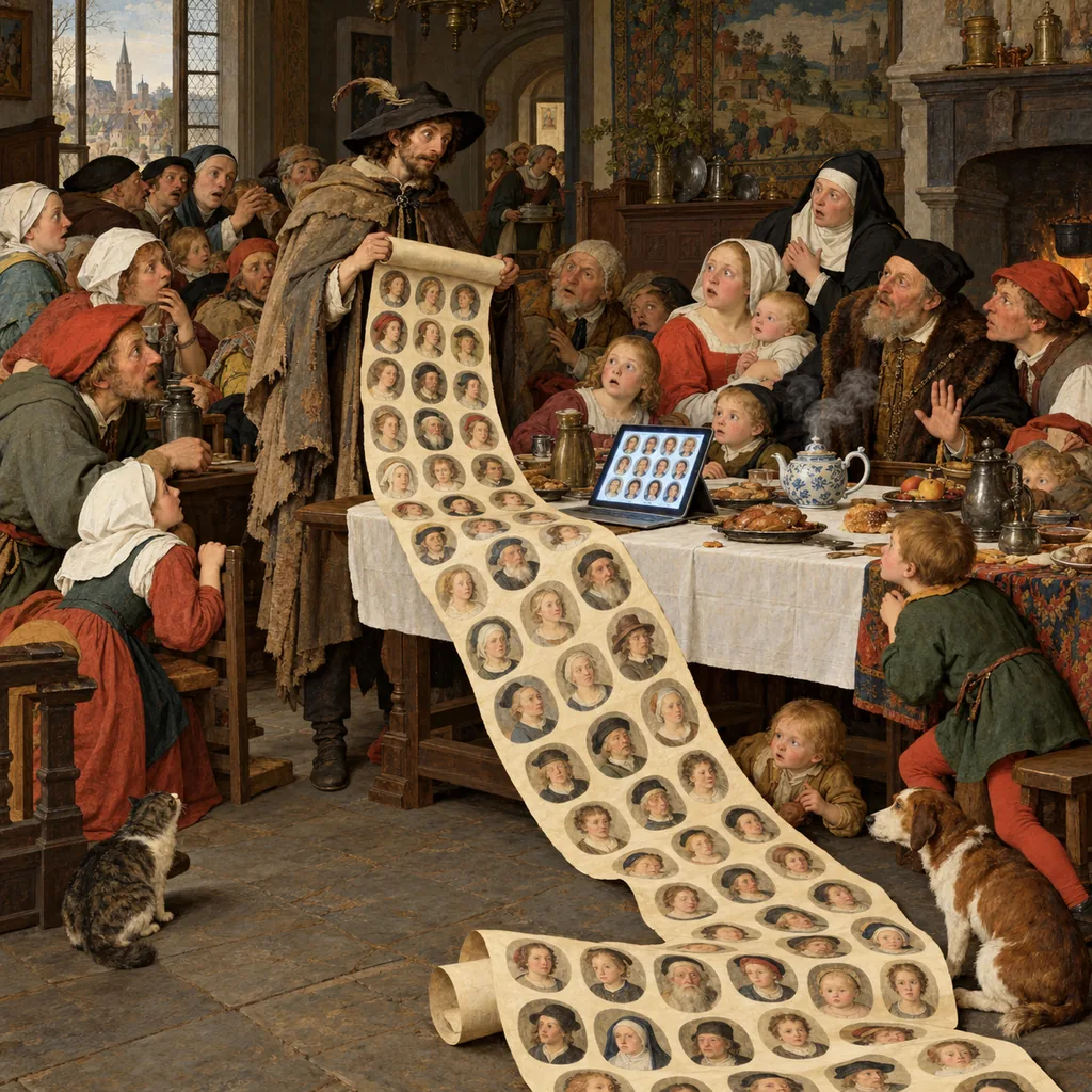 A Flemish-style great hall where a stranger in a borrowed cloak holds a huge scroll of family portraits that spills across the floor, while dozens of relatives at a long table stare at him in alarm and a tea pot steams.
