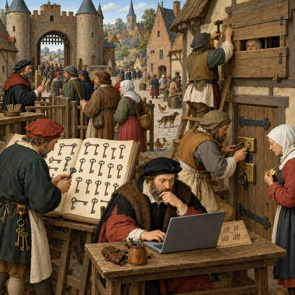 A Bruegel-style village square where townsfolk check keys against a ledger of stolen keys, fit second locks opened by brass tokens, count visitors at the main gate, and narrow a wide window with a shutter, while a clerk with a laptop keeps a tally.