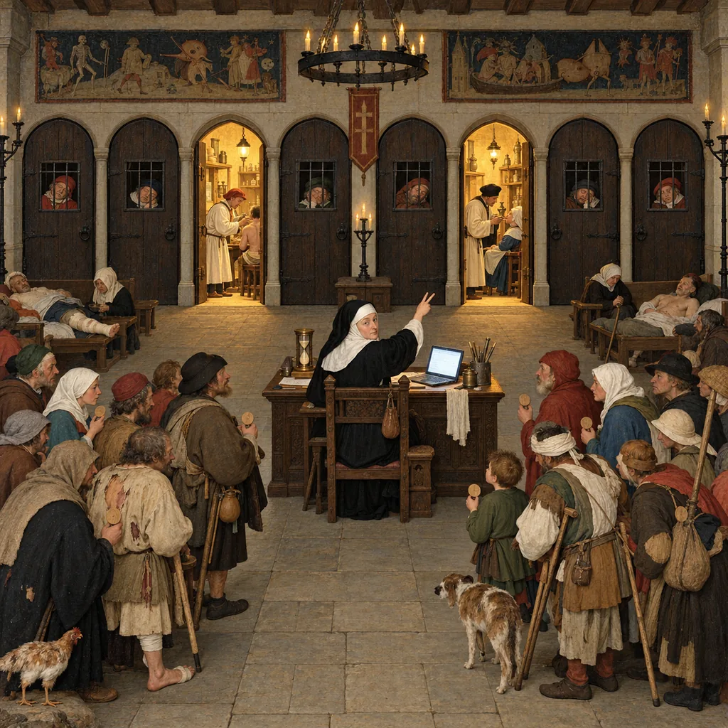 A crowded Flemish-style hospital hall where a nun at a high desk points a queue of peasants towards two lit doors out of eight, while specialists doze behind the other six and a laptop glows on her desk.