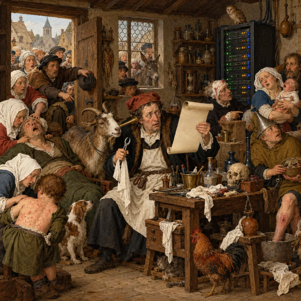 A Bosch-style village surgery where one overwhelmed physician tries to bandage, pull teeth and examine a goat at the same time, while a crowd of patients pushes in and a server rack in the corner has every light on.