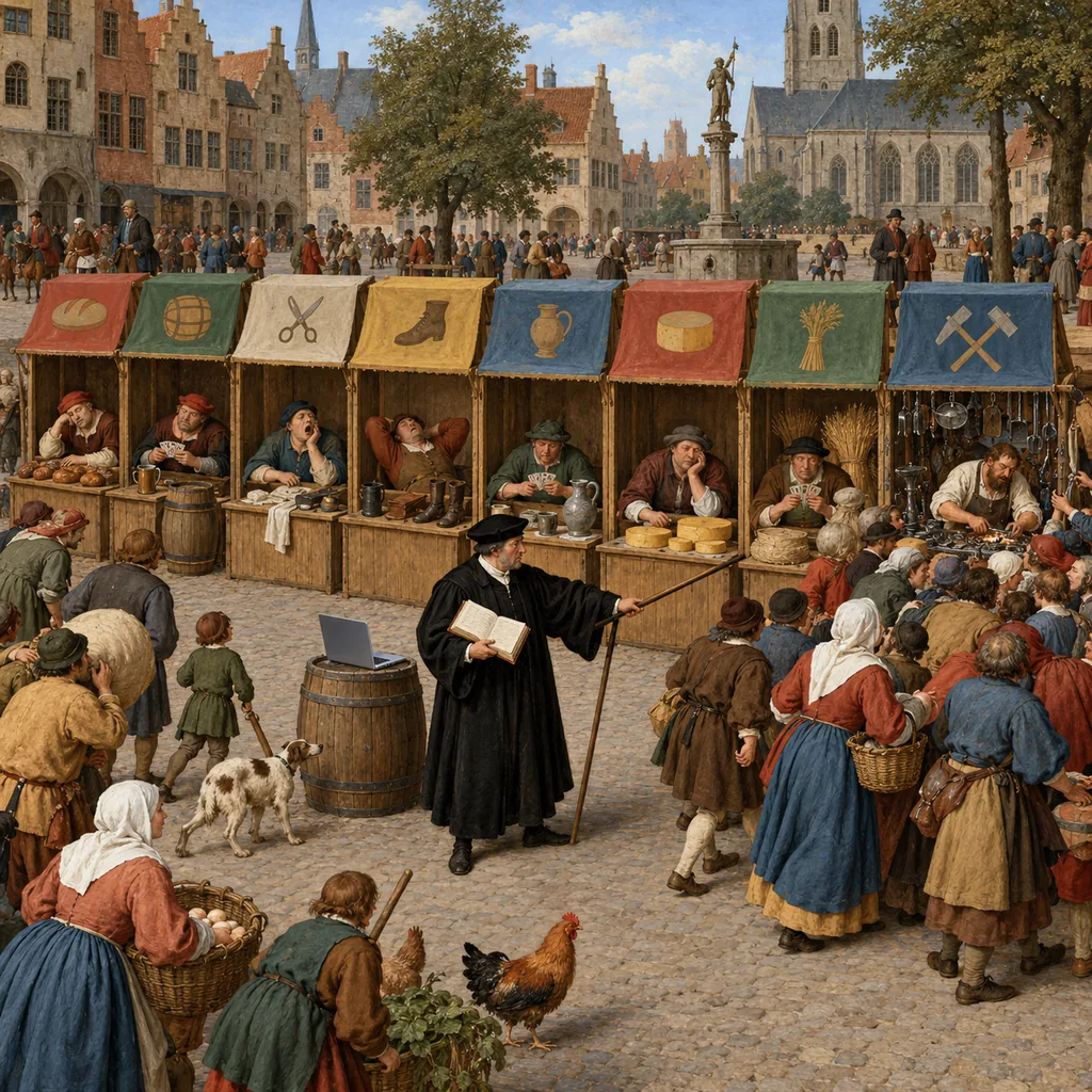 A Flemish-style market square where one guild stall is mobbed while seven masters sit idle, and an official with a ledger and a staff steers the crowd towards the empty stalls, a laptop open on a barrel beside him.