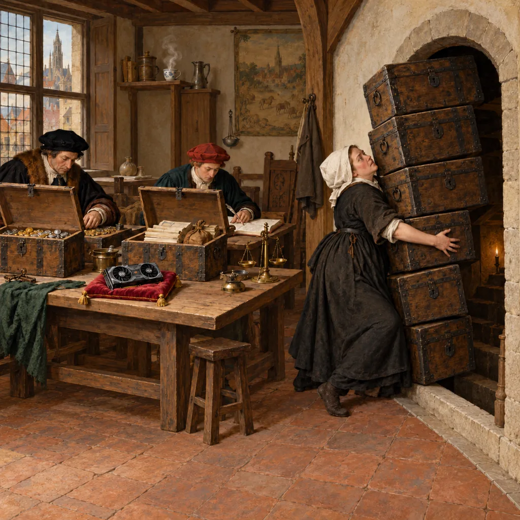 A Flemish-style counting house where a woman tries to fit eight heavy chests through a narrow cellar door, while clerks work from only two open chests on a bench beside a cup of tea and a small graphics card.