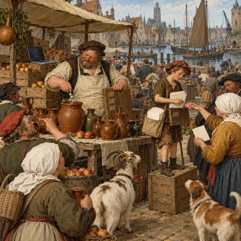 A Flemish-style harbour market where a cider seller tallies every jug sold while a boy with a satchel of flyers tallies only the buyers who hold his flyer, among a crowd with a goat and a dog, and a laptop sits on apple crates.