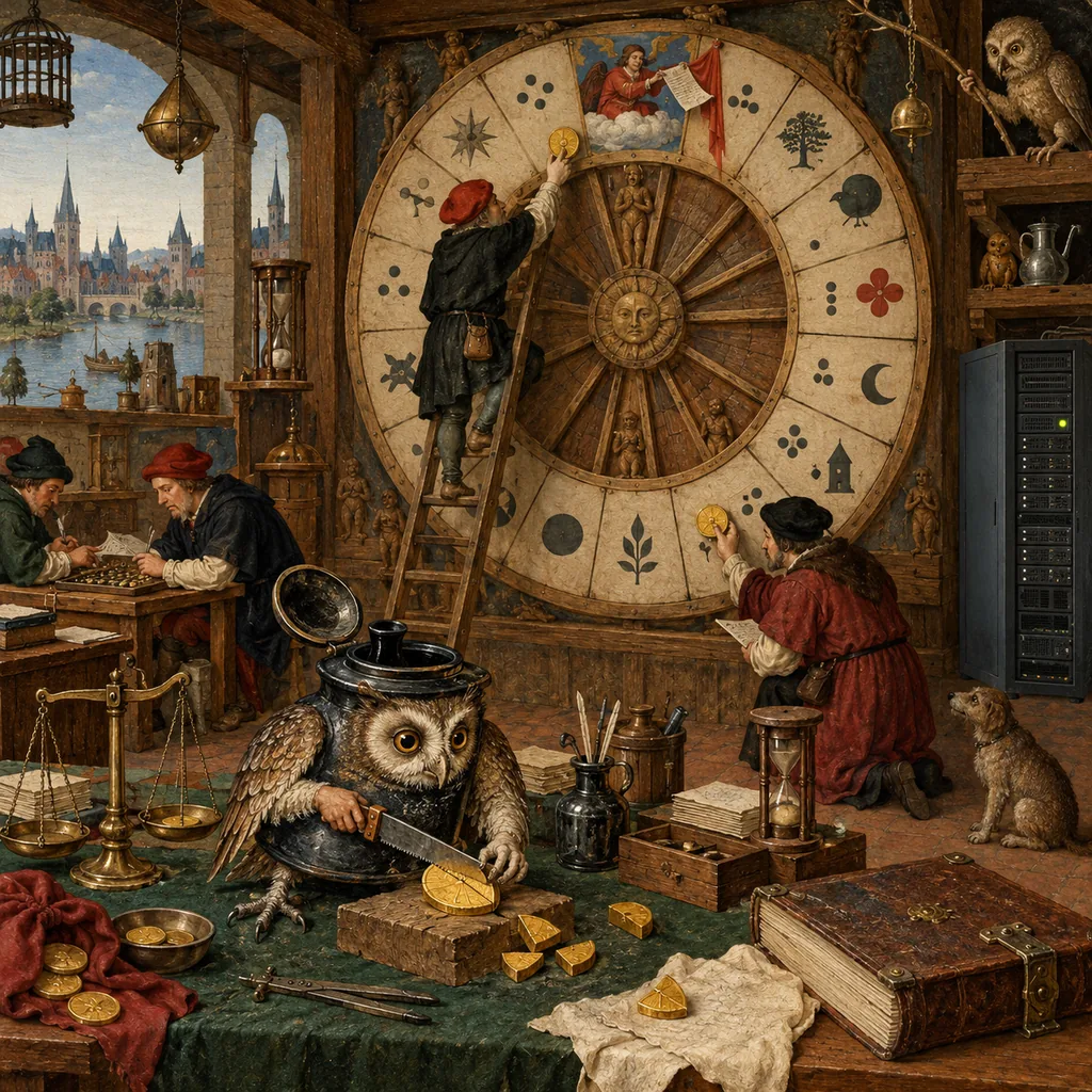 A Bosch-style counting house where two scribes pin the same gold coin to different days on a giant calendar wheel, while an owl-headed inkpot creature saws another coin into fractions and a server cabinet glows in the corner.