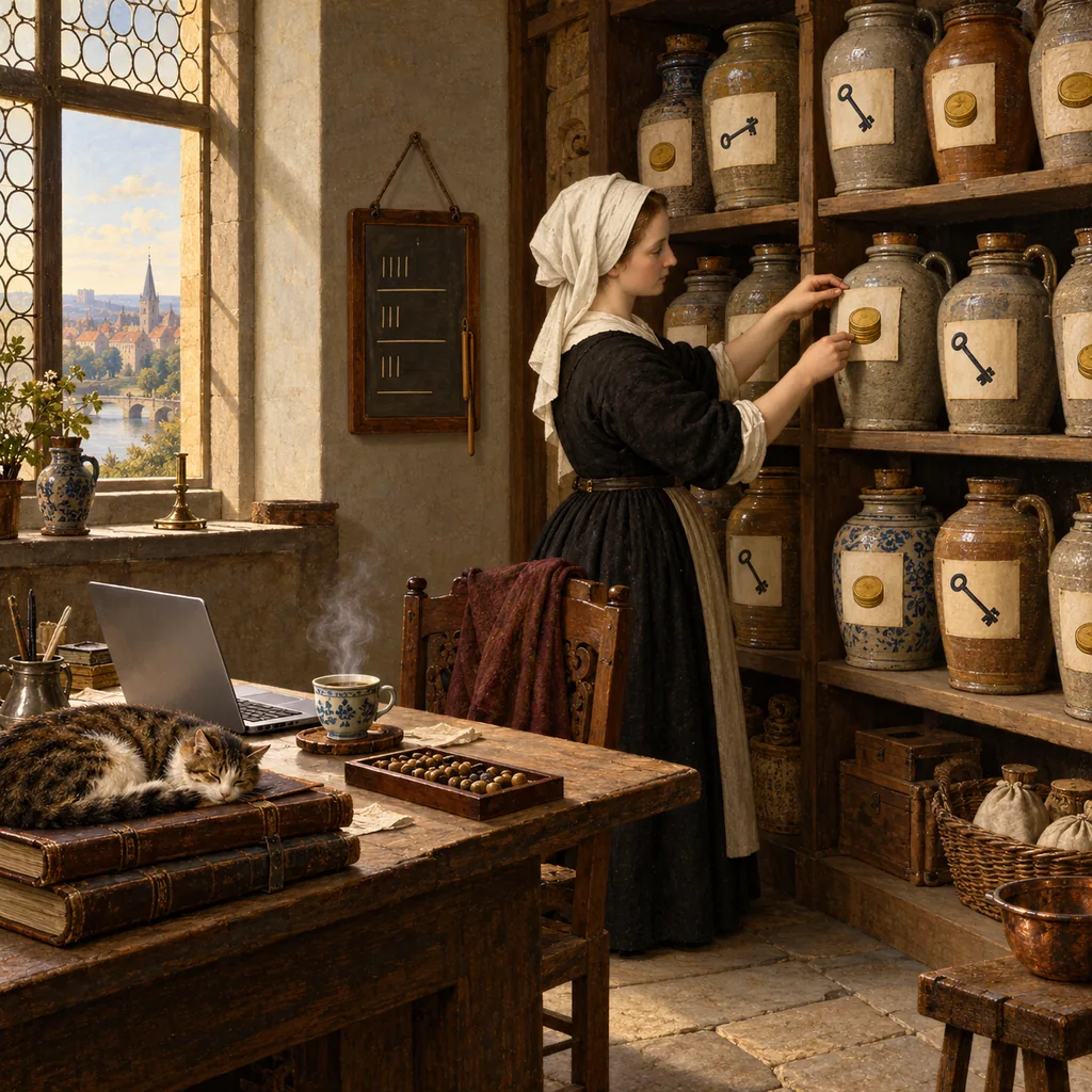 A Flemish-style counting room where a woman replaces the pictogram labels on a row of stoneware jars, with a checklist tablet beside her and a cup of tea steaming next to a laptop.