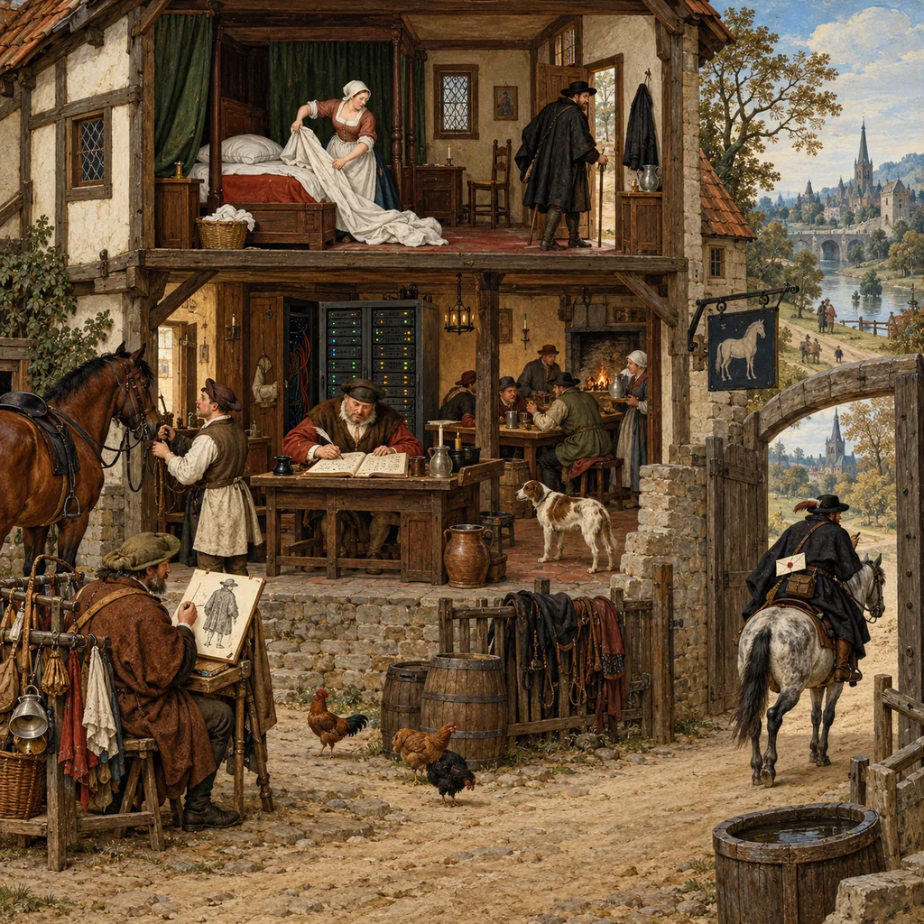 A Flemish-style inn in cross-section where a maid sweeps an empty guest room clean upstairs, while downstairs the innkeeper writes in a register, a stable boy and a pedlar take notes, and a messenger rides away with a letter past a server rack.