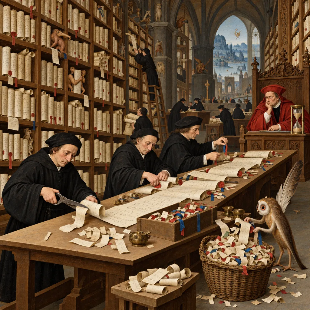 A Bosch-style hall of records where robed clerks snip the ends off long scrolls with shears and return them to the shelves, while a judge in red watches with a sand timer and an owl-quill creature counts an overflowing basket of offcuts.