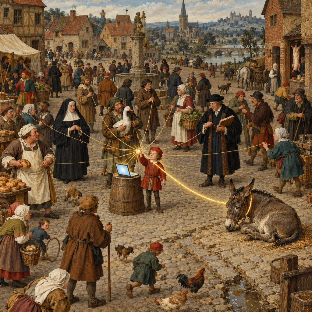 A crowded Flemish-style village square where a boy in a red cap holds threads that run to many villagers, with one thick glowing thread running to a tired donkey lying beside a street, and an open laptop on a barrel next to him.