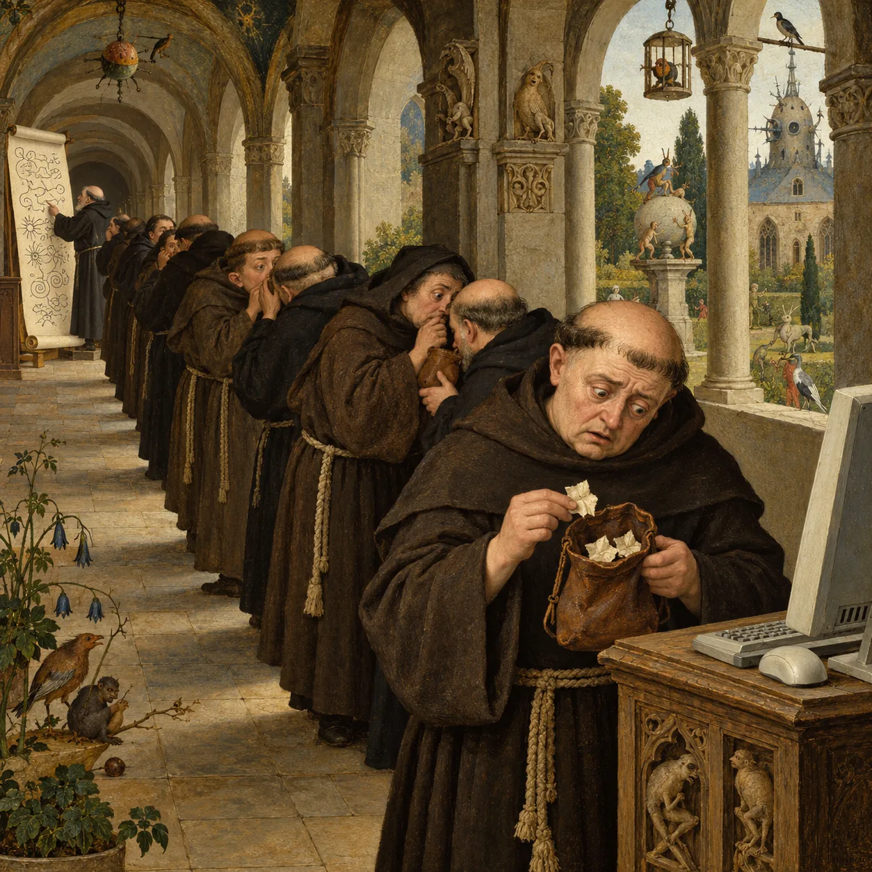 A Bosch-style monastery corridor where a line of monks passes one small pouch from hand to hand away from a huge scroll, and the last monk, beside a desktop computer, finds only a few scraps inside.