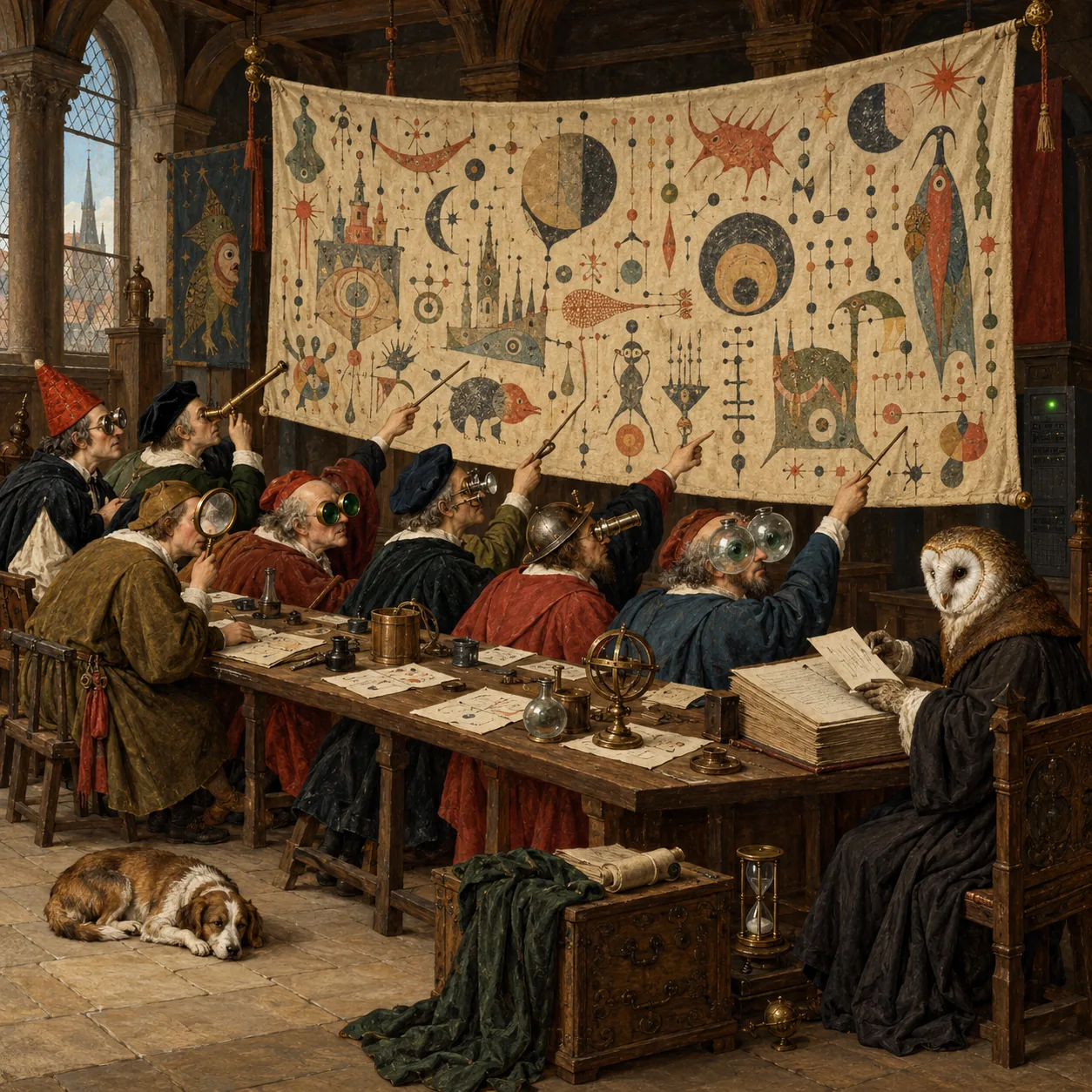 A Flemish-style guild hall where many clerks in odd spectacles each study a different part of the same long banner, while an owl-headed creature collects their notes and a small server cabinet blinks in the corner.